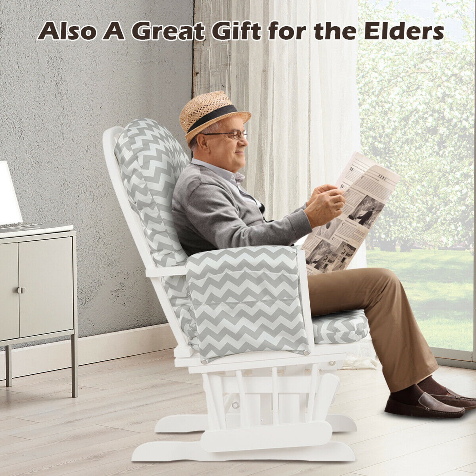 Gymax Baby Nursery Rocking Chair Glider and Ottoman Cushion Set Wood Grey + White