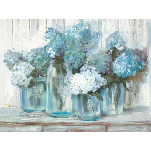 Art.com Hydrangeas in Glass Jars Blue Art Print by Carol Rowan, 24" x 18"