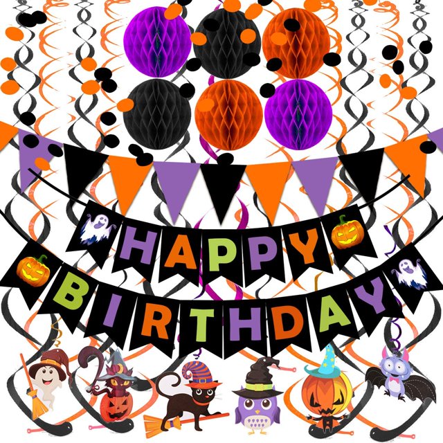 Feliz cumpleaños Banner Triángulo de papel Bandera Bunting Círculo Confeti Puntos Colgante Garland Honeycomb Ball Swirl Bunting para Halloween Fiesta temática Fiesta de cumpleaños Decoración TUNC Sencillez