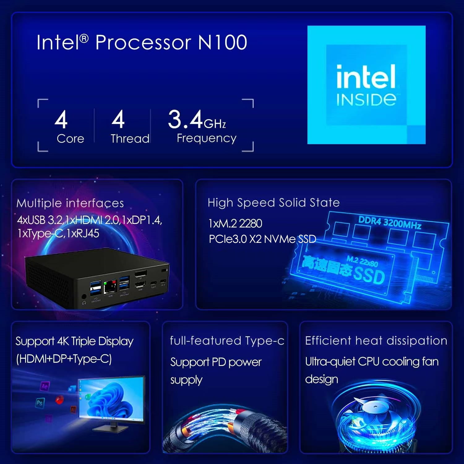 BRENUC C06E Mini Office PC, Intel Alder Lake N100, 8GB RAM & 256GB SSD, Black