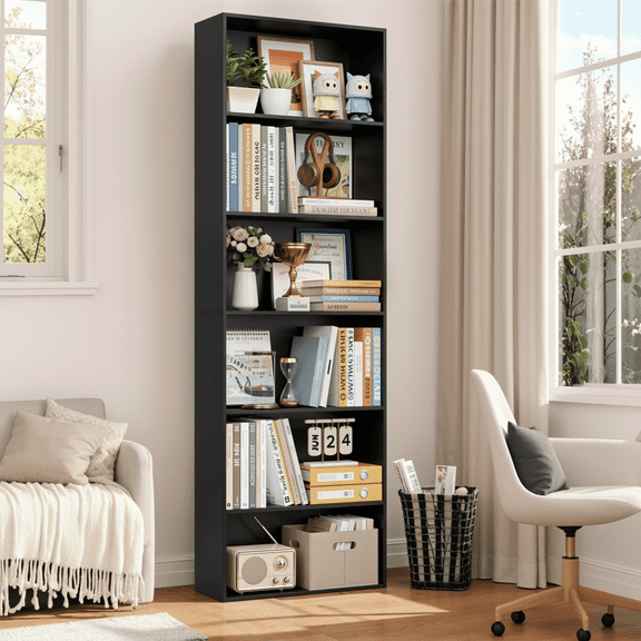 Homfa 6 Tier Tall Bookshelf and Bookcase, Wooden Bookcase Display Shelf for Living Room Home Office Library Storage, Black