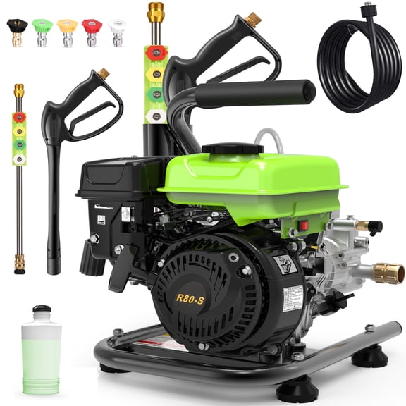 Professional 3500PSI 2.4GPM 79.7CC Gas Pressure Washer, 25FT Hose 1000ML Foam Bottle 5 Nozzles 2.5HP Commercial/Household Gas Power Washer for Cleaning (EPA/CARB/ETL Compliant), Green