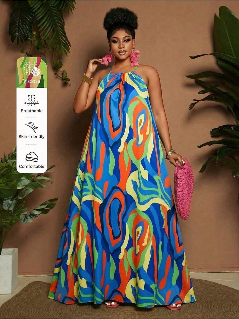 a line dress pattern plus size Plus Size Womens Multicolor Abstract Print Spaghetti Strap A-Line Maxi Dress  For Vacation Resort Summer Wear