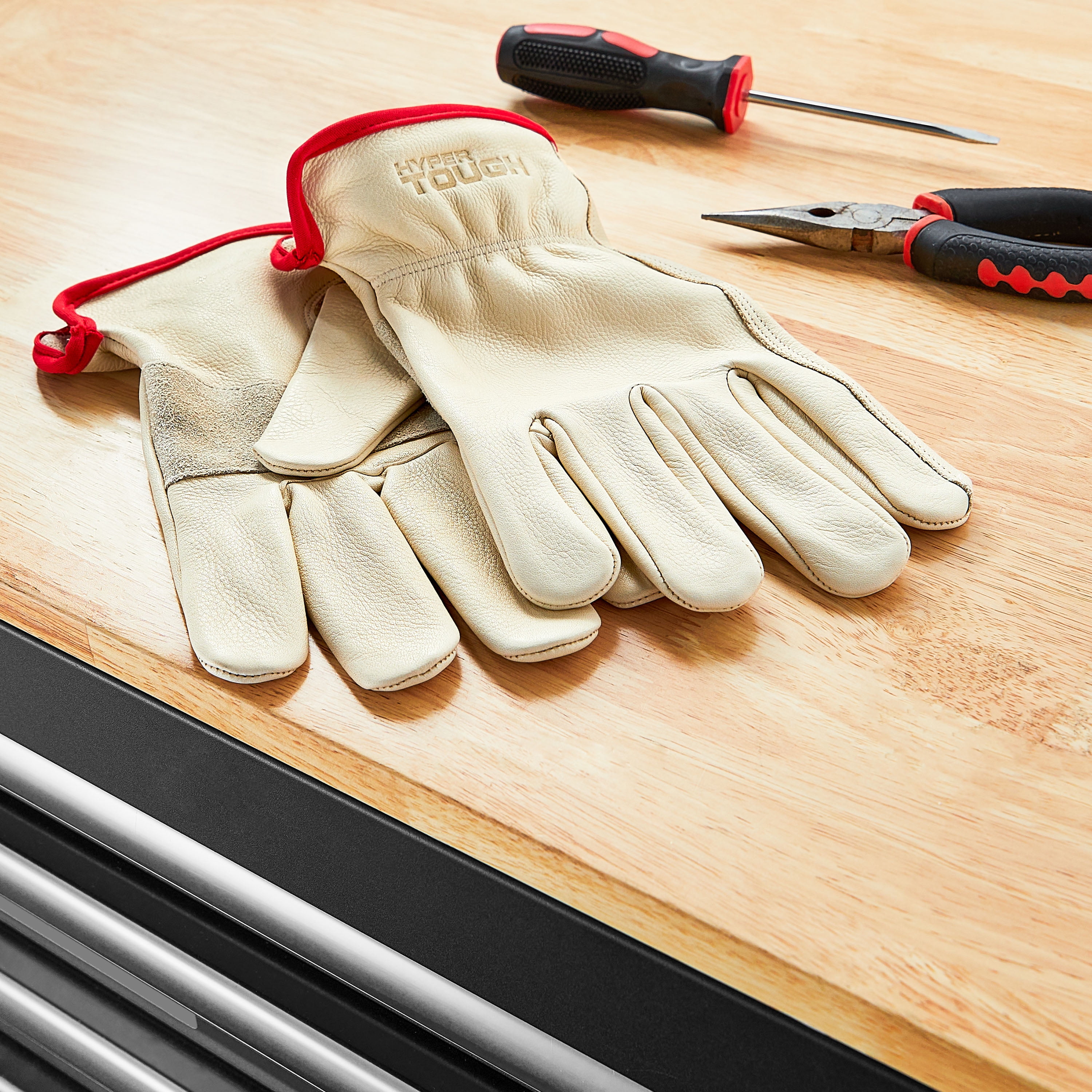 Hyper Tough Leather Work Gloves, Cowhide Leather, Beige, Medium (HT1250M)