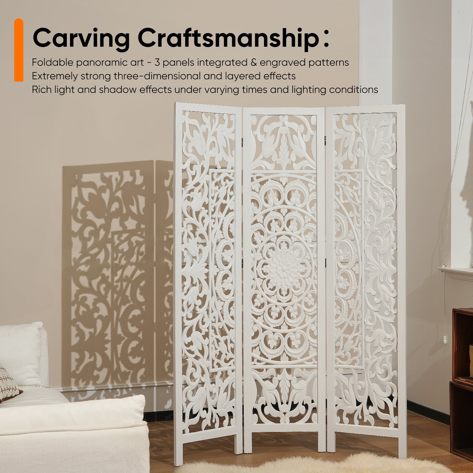 Jostyle 3 Panel Solid Wood Room Divider Privacy Screen - Freestanding Folding Partition with Openwork Design, Paulownia Wood Frame White, No Assembly for Living Room, Bedroom, Office