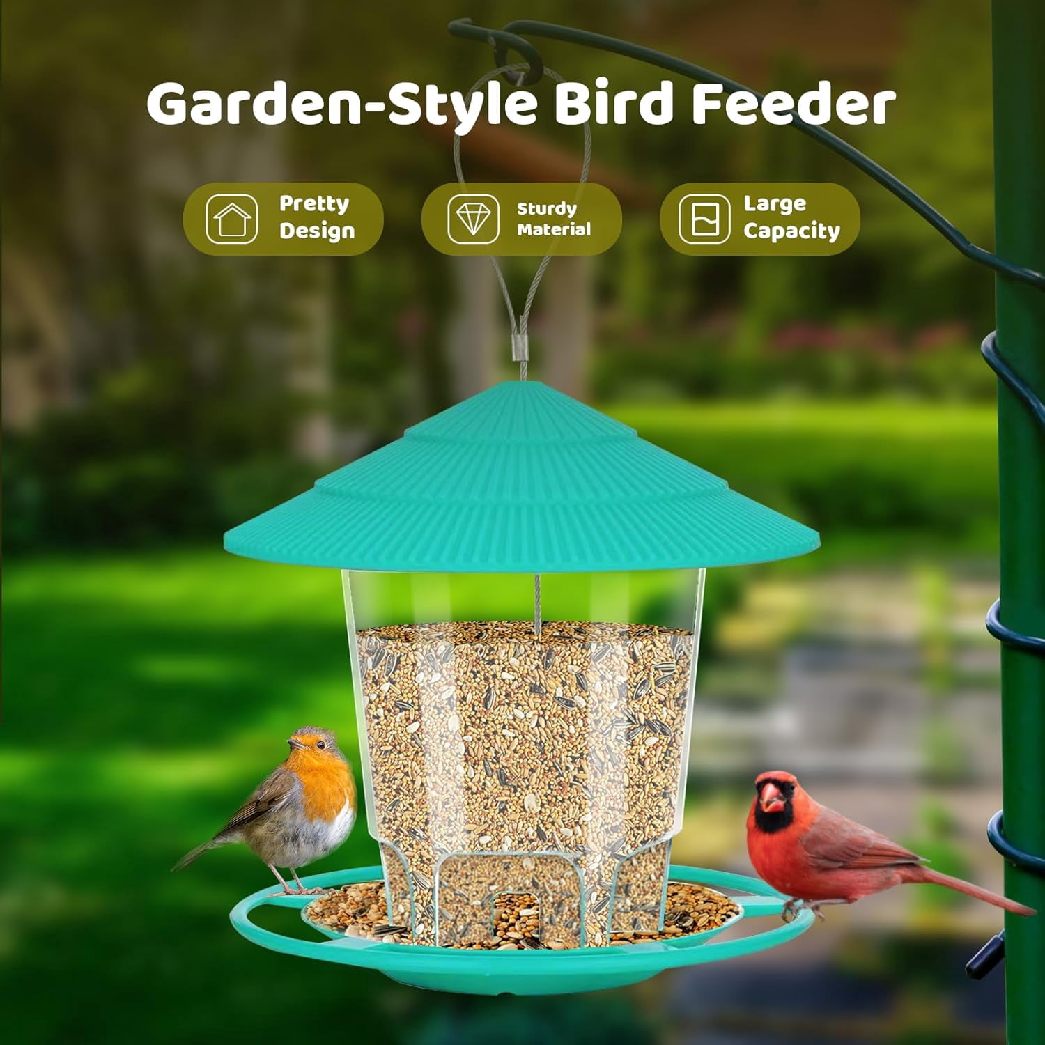 Bird Feeder for Outdoors, Heavy-Duty Plastic with Secure Hook Hanging Bird Feeders for Outdoors Squirrel Proof, Durable Birdseed Feeders, Green