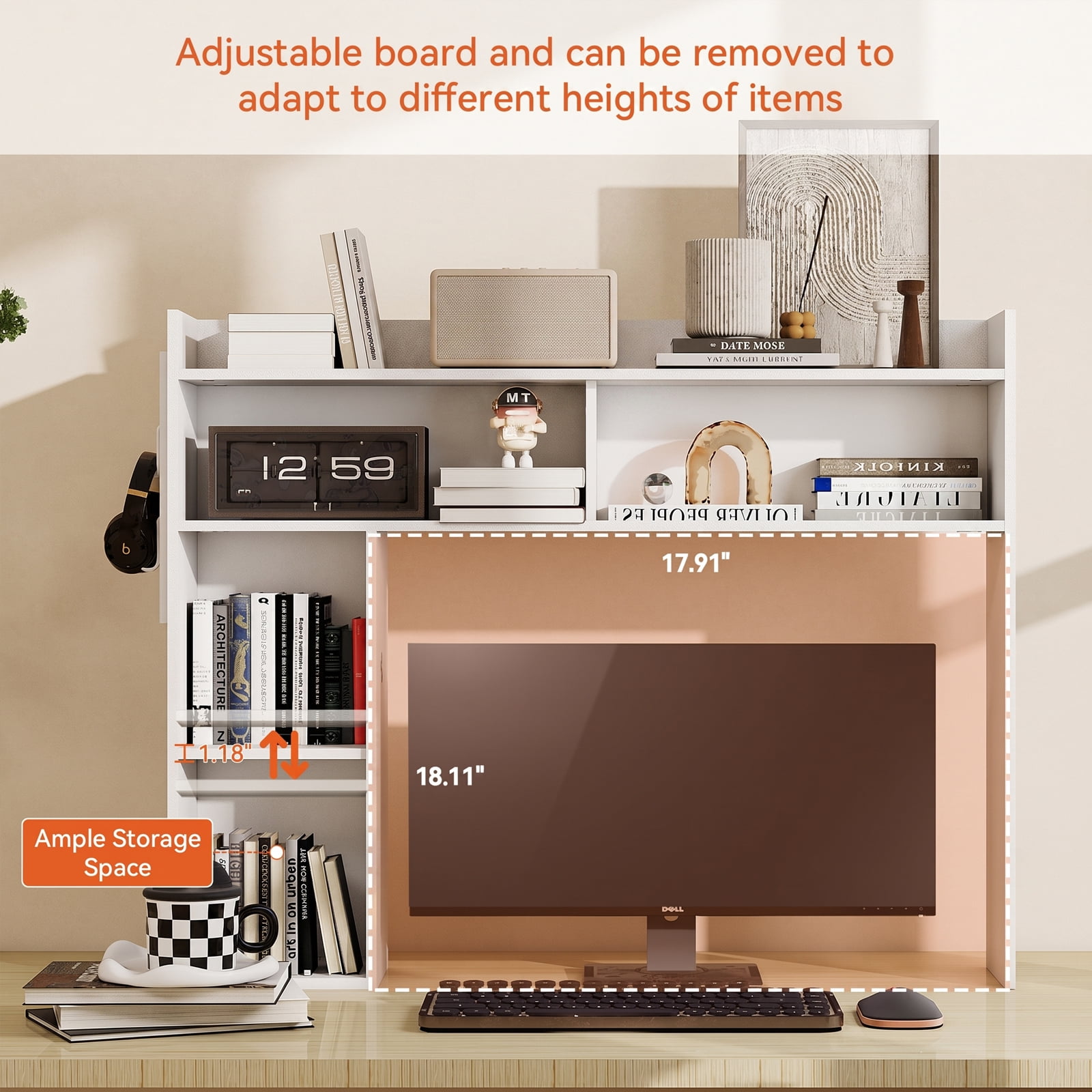 PULUOMIS Desktop Bookshelf, Desk Shelf for Computer Desk, 33.46" 5-Tier Adjustable Desktop Hutch Organizer with Pegboard for Home Office, White