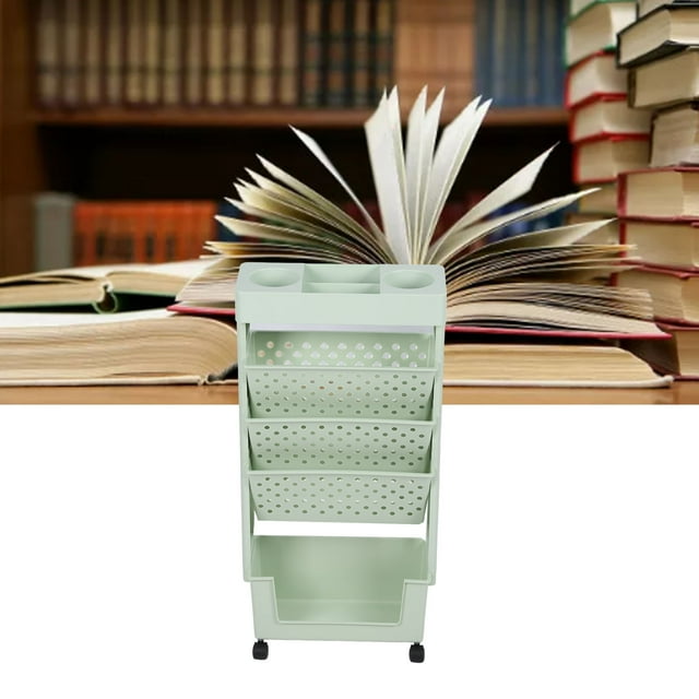 Chariot à Livres Roulant, Bibliothèque de Rangement Mobile avec Roues, Organisateur Utilitaire pour Dossiers, Bibliothèque de Rangement pour Magazines avec Porte-Stylos pour l'École, la Salle de Classe et la Maison