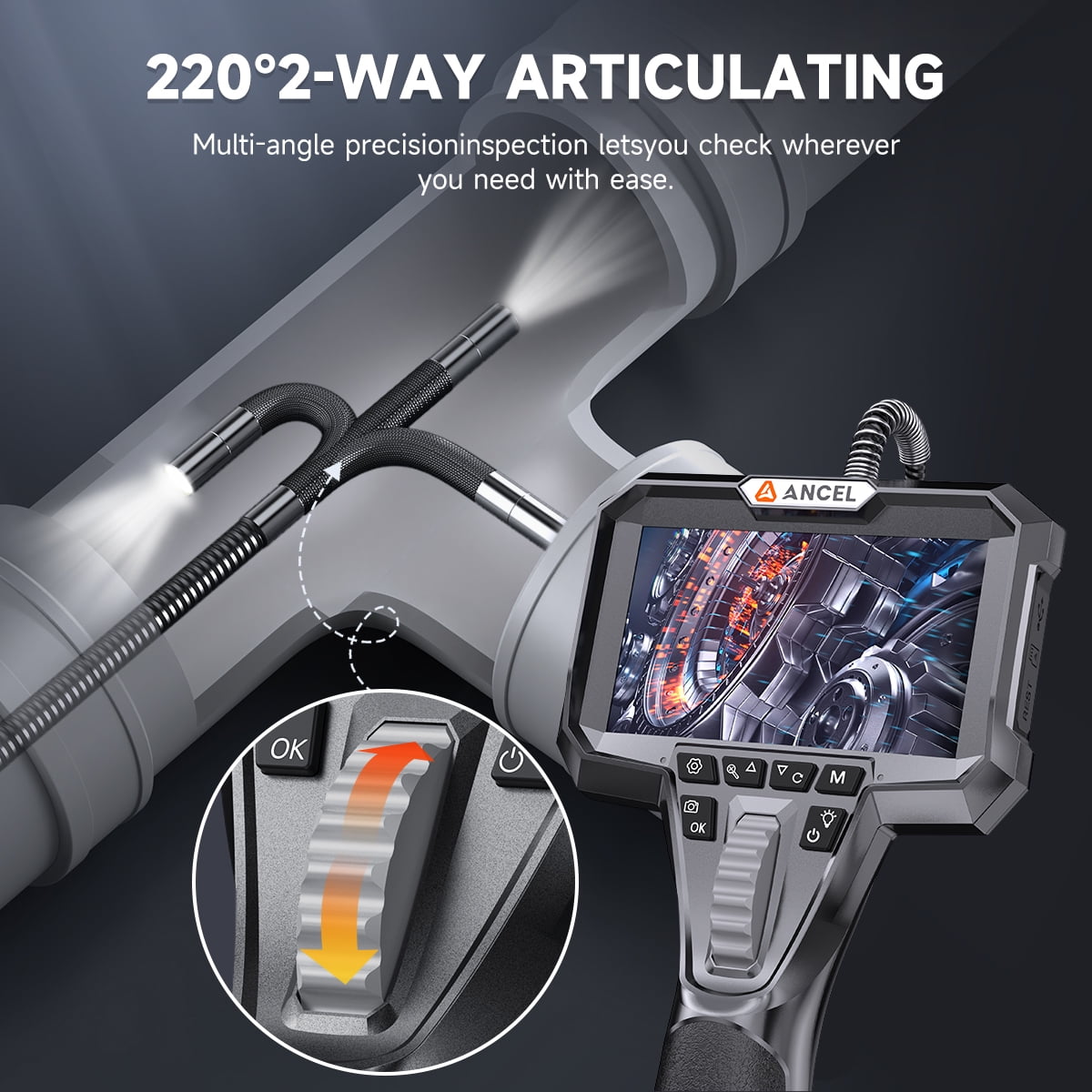 ANCEL AN301 6.2mm Articulating Endoscope Camera 2-Way 210° Industrial Borescope Inspection Tool, IP67 Waterproof, 5.25FT Cable