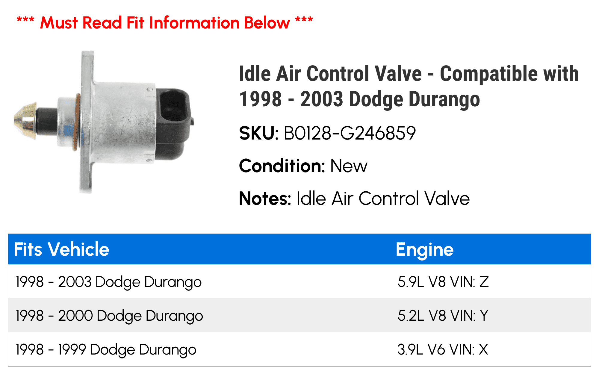 Idle Air Control Valve - Compatible with 1998 - 2003 Dodge Durango 1999 2000 2001 2002