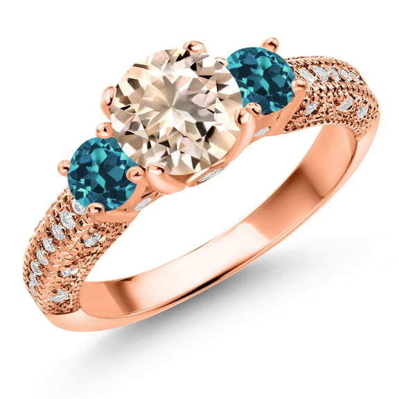 Gem Stone King 18K Rose Gold Plated Silver Peach Morganite London Blue Topaz and White Moissanite Engagement Ring for Women (1.89 Cttw, Gemstone October Birthstone, Round 7MM and 4MM, Size 8)