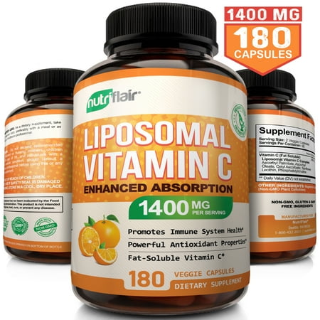 NutriFlair Liposomal Vitamin C 1400mg - 180 Capsules - High Absorption, Fat Soluble VIT C, Antioxidant Supplement, Higher Bioavailability Immune System Support & Collagen Booster, Non-GMO, Vegan Pills