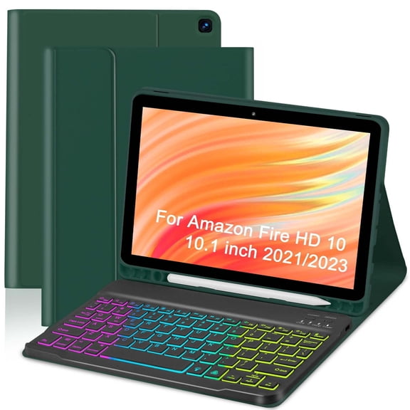 JINRAN Case with Keyboard for Kindle Fire HD 10&10 Plus (2021&2023) 10.1 inch,7 Color Rainbow Backlit Detachable Keyboard Magnetic Case with Pen Slot for HD 10 11th/13th Gen-Black