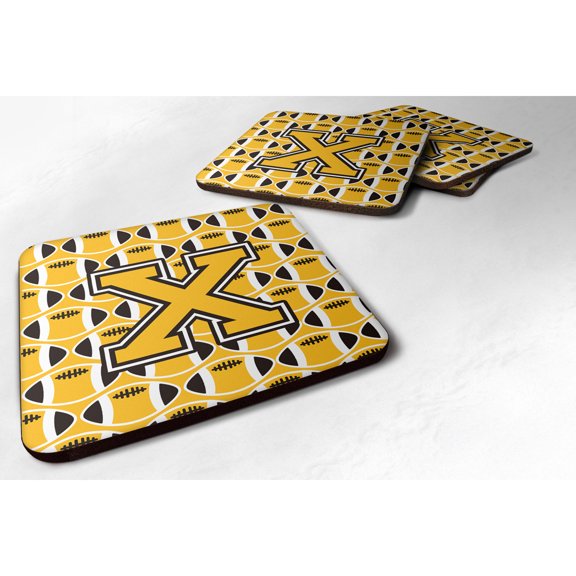 Letter X Football Black Old Gold and White Foam Coaster Set of 4