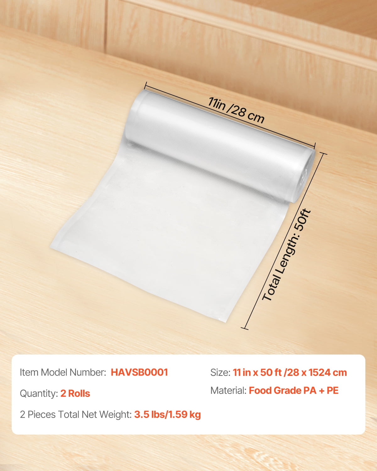 VEVOR Vacuum Sealer Bags, 2 Rolls 11 In x 50 Ft, Non-BPA Food Grade Seal A Meal Bags, Customizable Freezer-friendly Vac Sealing Bag for Food Saver,Food Storage Vacuum Bags for Meal Prep or Sous Vide