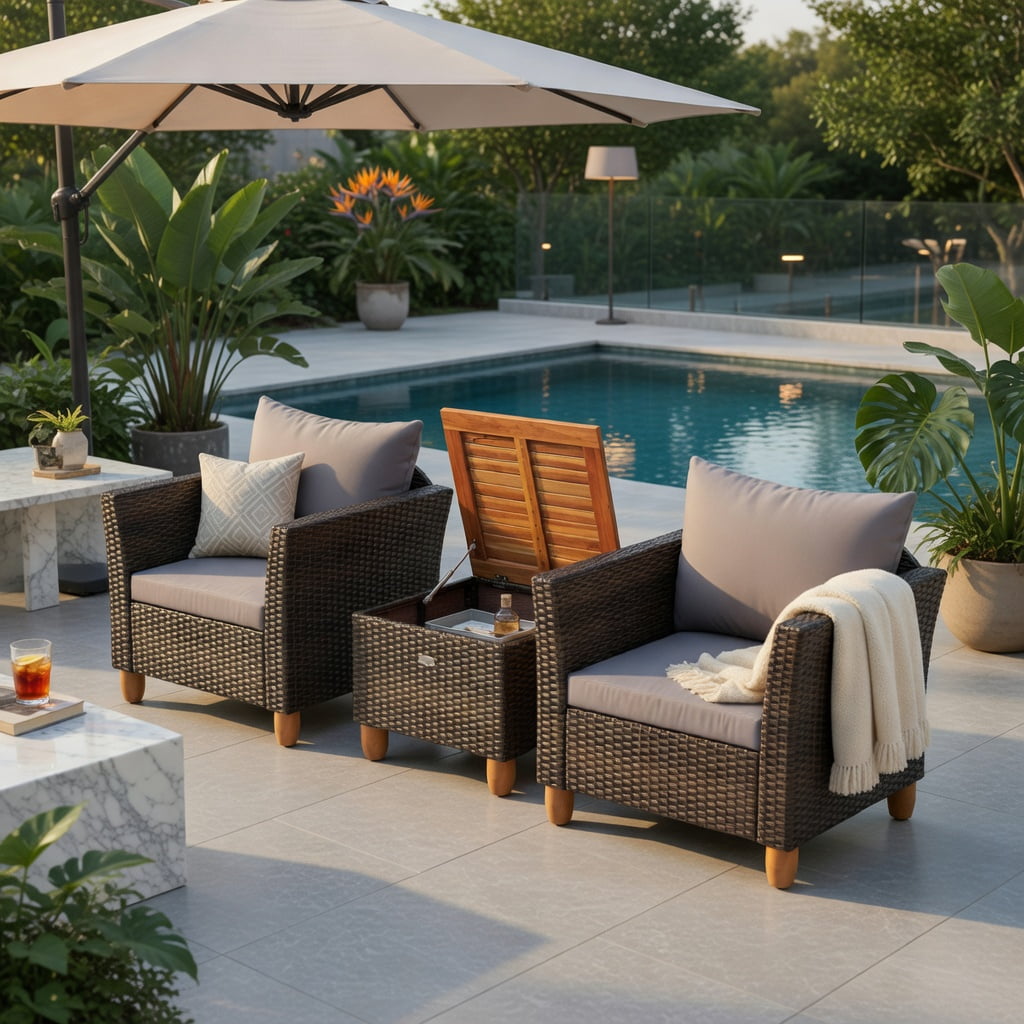 Hommoo 3-Piece Outdoor Rattan Bistro Set with Acacia Wood Table, Patio Chairs & Coffee Table for Balcony, Porch, Garden, Gray