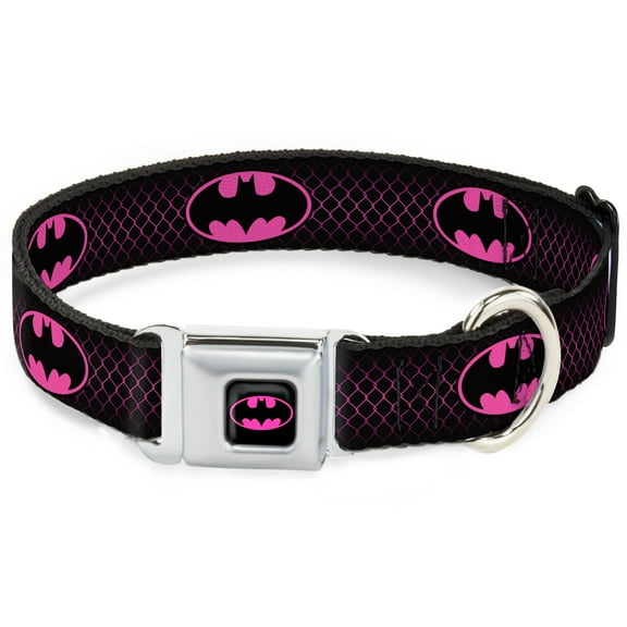 DC Comics Pet Collar, Dog Collar Metal Seatbelt Buckle, Batman Shield Chainlink Black Hot Pink, 11 to 16.5 Inches 1.0 Inch Wide