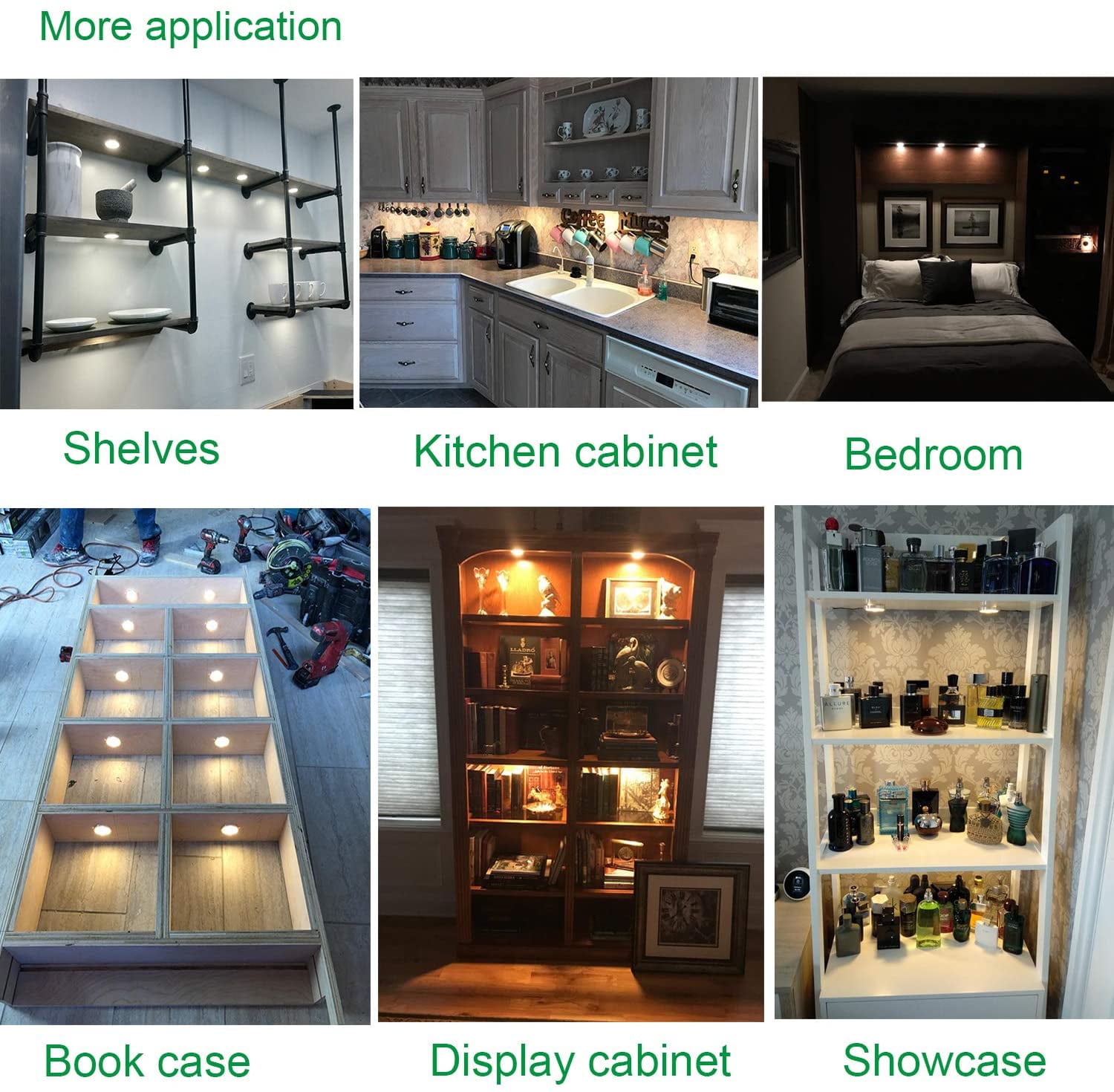 Linkable Dimmable Under Cabinet LED Puck Lights - 12V with Wireless RF Remote Control, Hardwired & Plug-in Options for Counter Lighting (6 Lights, Warm White)