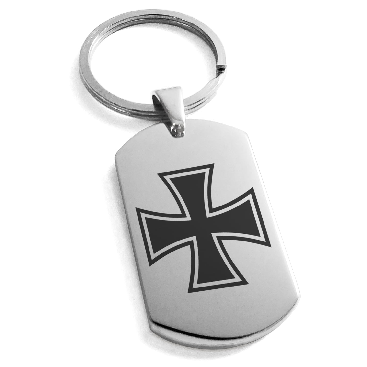 Stainless Steel Pattee Iron Cross Engraved Dog Tag Keychain Keyring