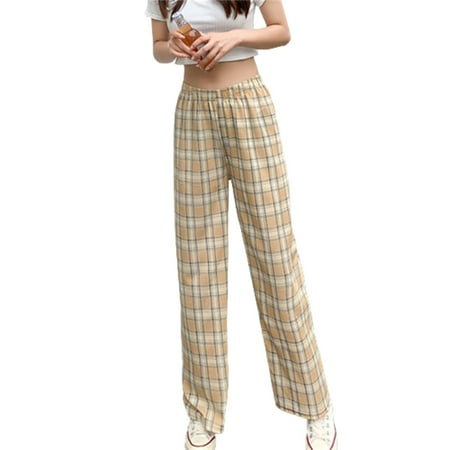 

Long Pants for Women Elastic Waist Band Trousers High Waist Straight Wide Leg Pajama Sleep Pant L Yellow Grid