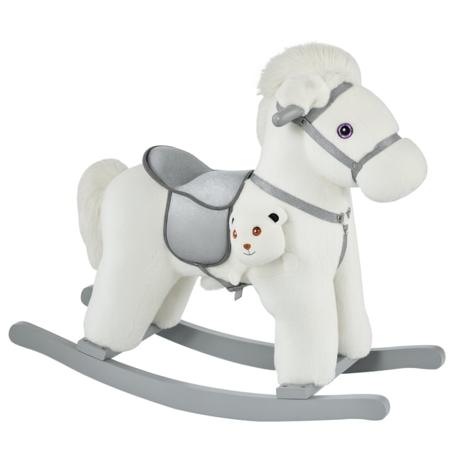 Qaba Cheval à Bascule en Peluche pour Enfants avec Ours, Chaise pour Enfants avec Jouet en Peluche Doux & Sons Réalistes Amusants, Blanc