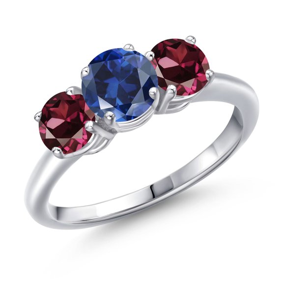 Gem Stone King 925 Sterling Silver Blue Created Sapphire and Red Rhodolite Garnet Engagement Ring for Women | 2.20 Cttw | Round 6MM | Gemstone September Birthstone | Size 8