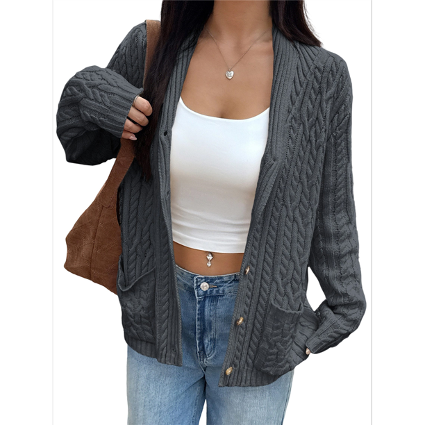 Cardigan Femme Col Rond Chunky – Maille Douce En Cachemire, Manches Longues, Capuche, Boutons Devant, Grande Taille – Gris