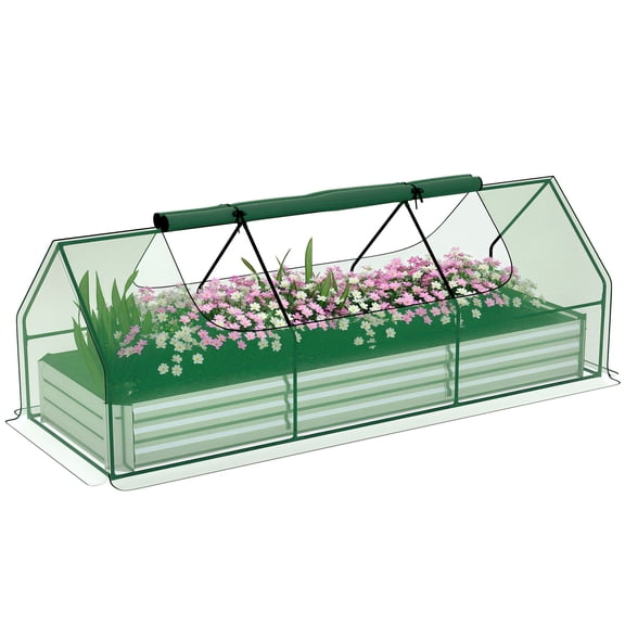 8.6ft Galvanized Steel Raised Garden Bed with Mini Greenhouse Cover, Open Bottom Planter for Vegetables and Herbs, Outdoor Patio and Balcony Gardening Set, Green and Silver