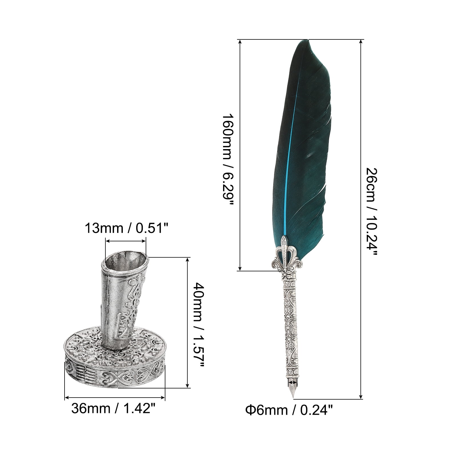 Uxcell 26cm/11" Carved Feather Pen Set, Quill Pen with Ink Set 5 Replacement Nibs Stand Base for Calligraphy,  Lake Blue