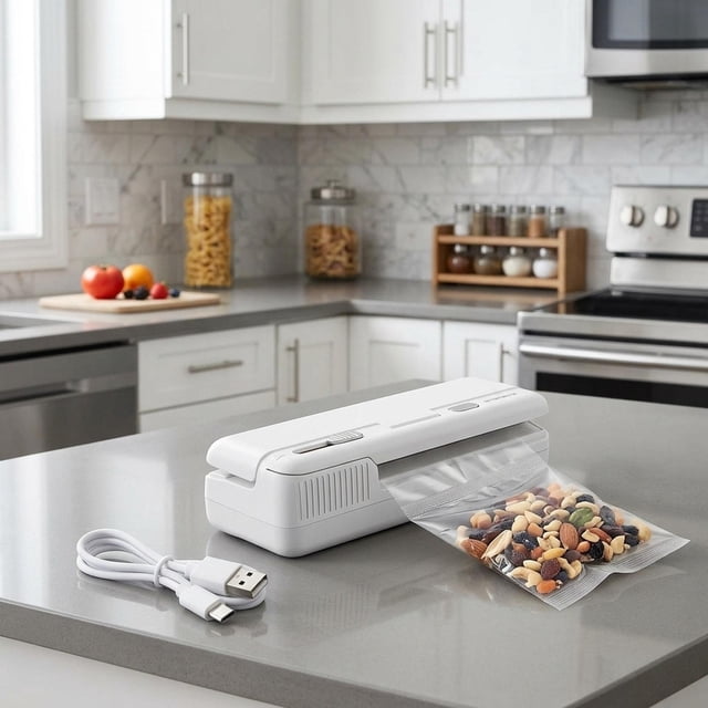 Máquina selladora térmica manual para bolsas, con carga USB, versátil y práctica. Blanco