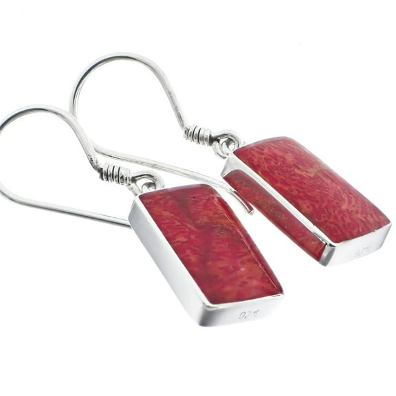 Dainty Rectangle Red Coral 925 Sterling Silver Earrings, 9/16"