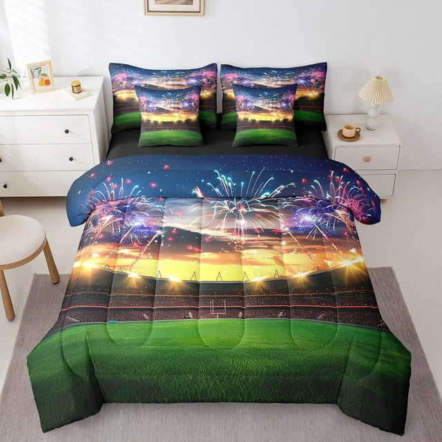 Fireworks Bed in a Bag King Size Comforter Set 7 Pieces,Ball Field Game Activity Player Field Bedding Sets Competitive Games Teamwork Sheet Set with Comforter