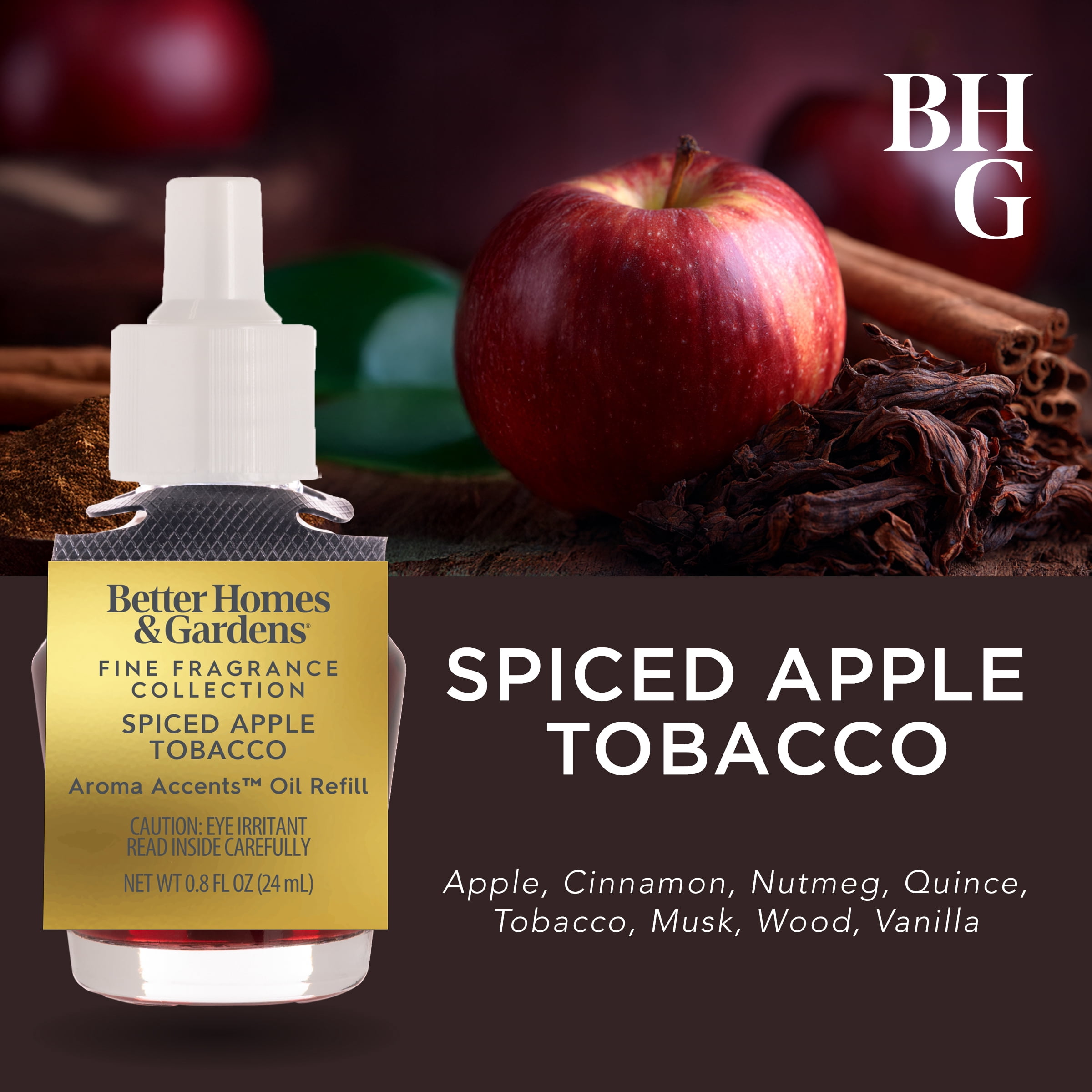 Better Homes & Gardens Fine Fragrance Aroma Accents Plug-in Oil Refill 24mL, Spiced Apple Tobacco