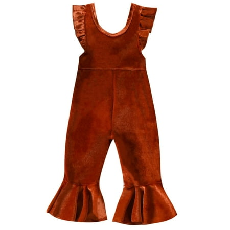 

Mubineo Toddler Baby Girl Basic Plain Crushed Velvet Bell Bottom Overalls Ruffle Romper Jumpsuit (Brown 18-24 Months)
