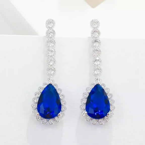 Royal Blue CZ Stone Leaf Long Heart Flower Dangle Drop Earrings for Women Party