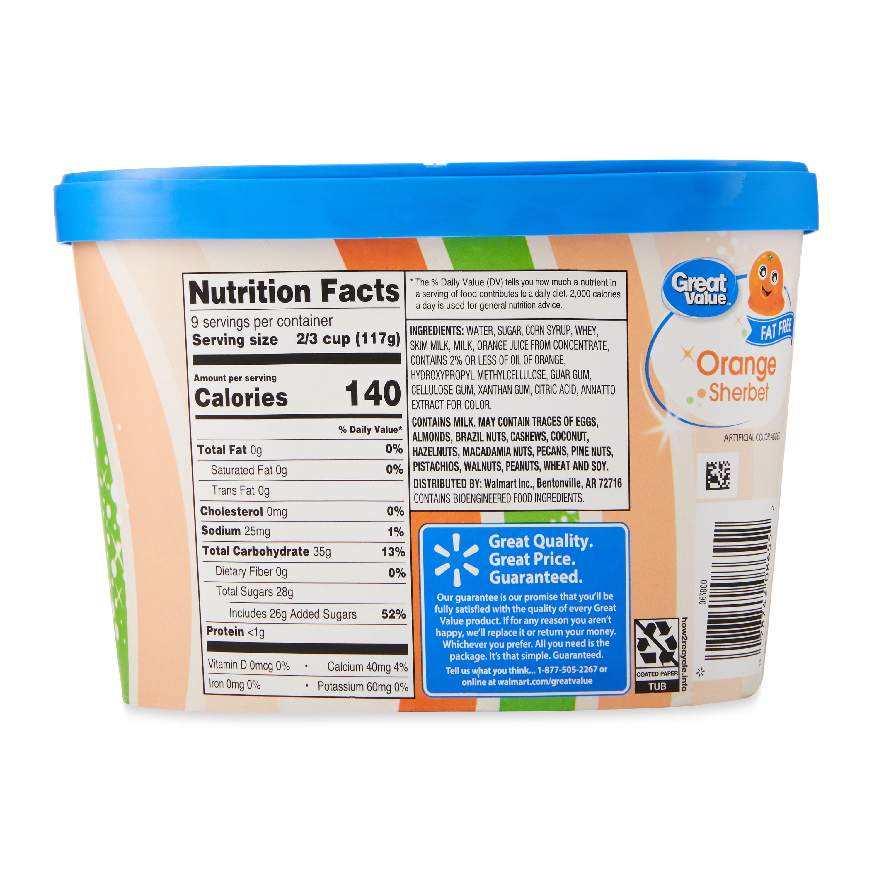 Great Value Fat Free Orange Sherbet, 48 fl oz