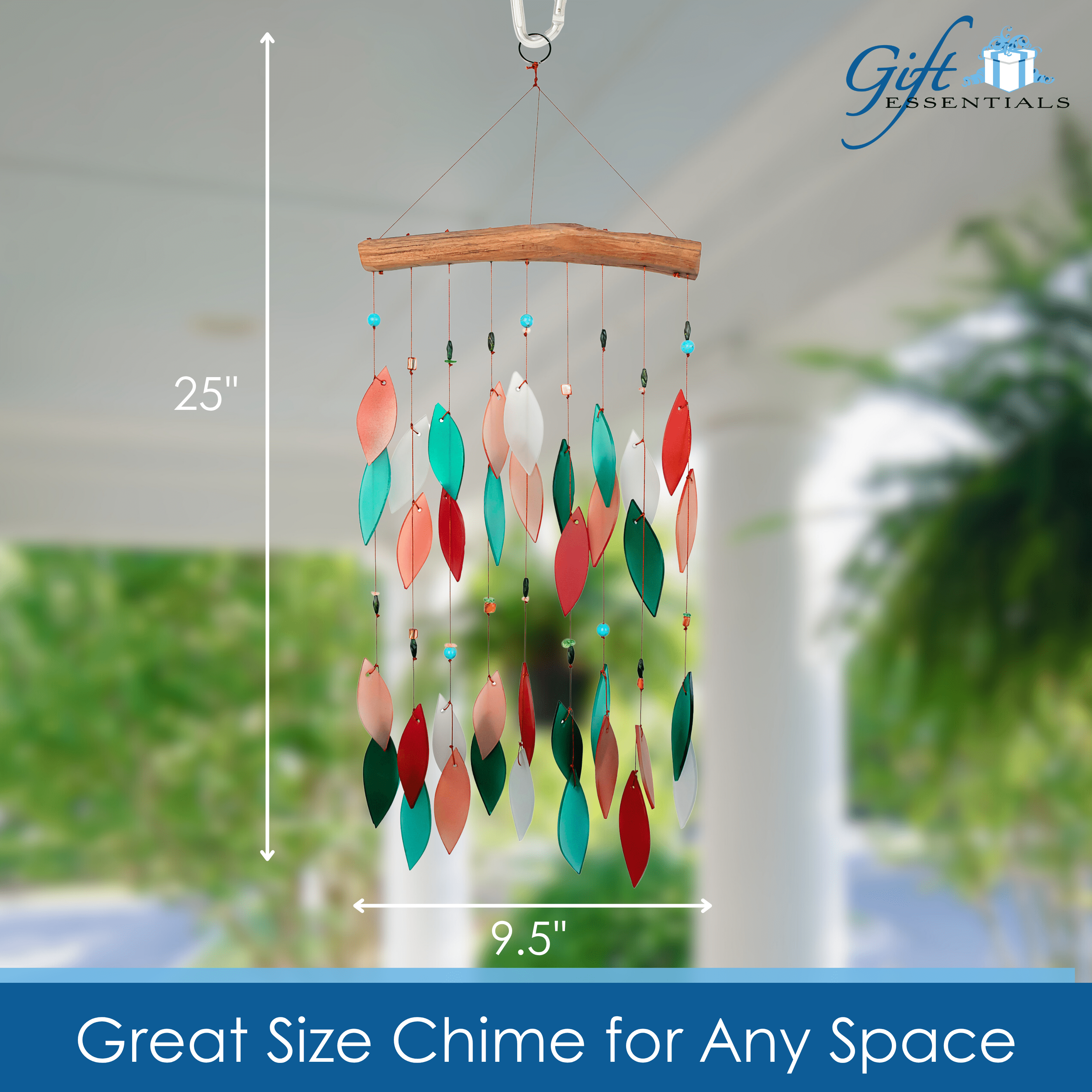 Blue Handworks Coral and Teal Beaded Glass & Driftwood Wind Chime - Sandblasted Glass and Found Wood Handcrafted Outdoor and Garden Windchime