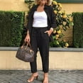 thumbnail image 4 of Guiexla 2 Pcs/Set Women Shirt Pants Set Loose Lapel Single-breasted Mid Length Long Sleeve Blouse High Elastic Waist Wide Leg Trousers Daily Wear Clothes, 4 of 7