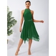 thumbnail image 4 of inlzdz Women's Lyrical Dance Dress Irregular Mesh Ruffled Skirt Hem Built-In Briefs Figure Skating Dresses Dark Green M, 4 of 6