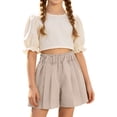 thumbnail image 5 of FINALGANG Girls Kids Solid Color Paperbag Waist Pleated Shorts Loose Fit Lightweight Shorts For Summer Daily Wear Casual Outings Party Occasions Beige 5-6 Years, 5 of 5