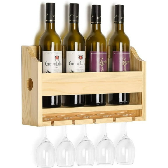 NEX Wall Mounted Wine Rack, Wood Wine Rack, with 5 Long Stem Glass Holder, Storage Rack