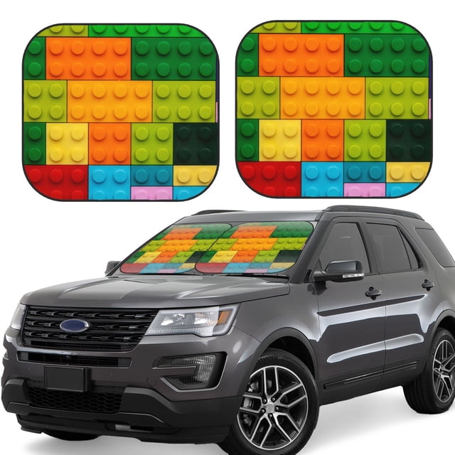 Fotbe Colorful Building Blocks Juego de 2 Piezas de Parasoles para Parabrisas | Bloqueador Solar para Auto | Accesorios Plegables para Protección Solar Interior-Small