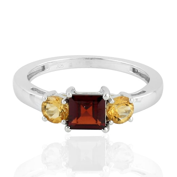 925 Sterling Silver Natural Citrine Three Stone Ring Garnet Jewelry US-7