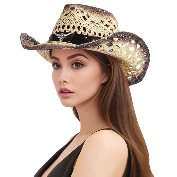 Womens Mens Western Cowboy Hollowed Out Hand Woven Straw Hats Summer Sun Hats Raffi Hats Country Concert Rodeo Dress Up