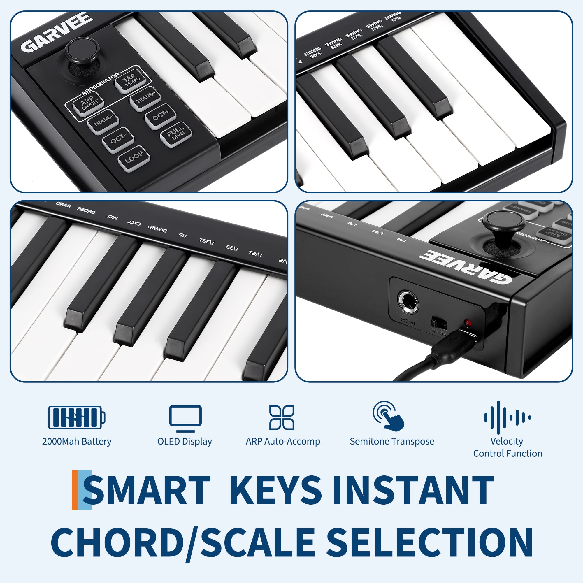 CazToi 25 Key USB MIDI Keyboard Controller with 8 Knobs 8 Drum Pads OLED Display DAW Integration