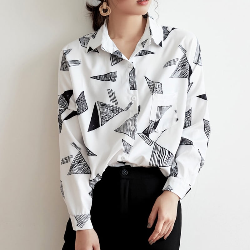 Women Long Sleeve Lapel Collar Casual Shirt Top Chiffon Top Blouse