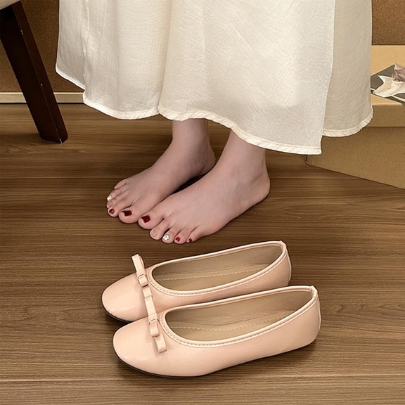 Samdudou Ballet Flats for Women Closed Toe Slip On Classic Round Front Delicate Small Bowknot Detail Smooth Faux Leather Minimalist Dressy Casual Office Work Everyday Shoes