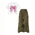 thumbnail image 3 of Girls 2 Piece Outfits Bow Print Short Sleeve Crop T-Shirt & Elastic Waist Cargo Pants Casual Streetwear Clothes for Kids White Size 11-12 Years, 3 of 3