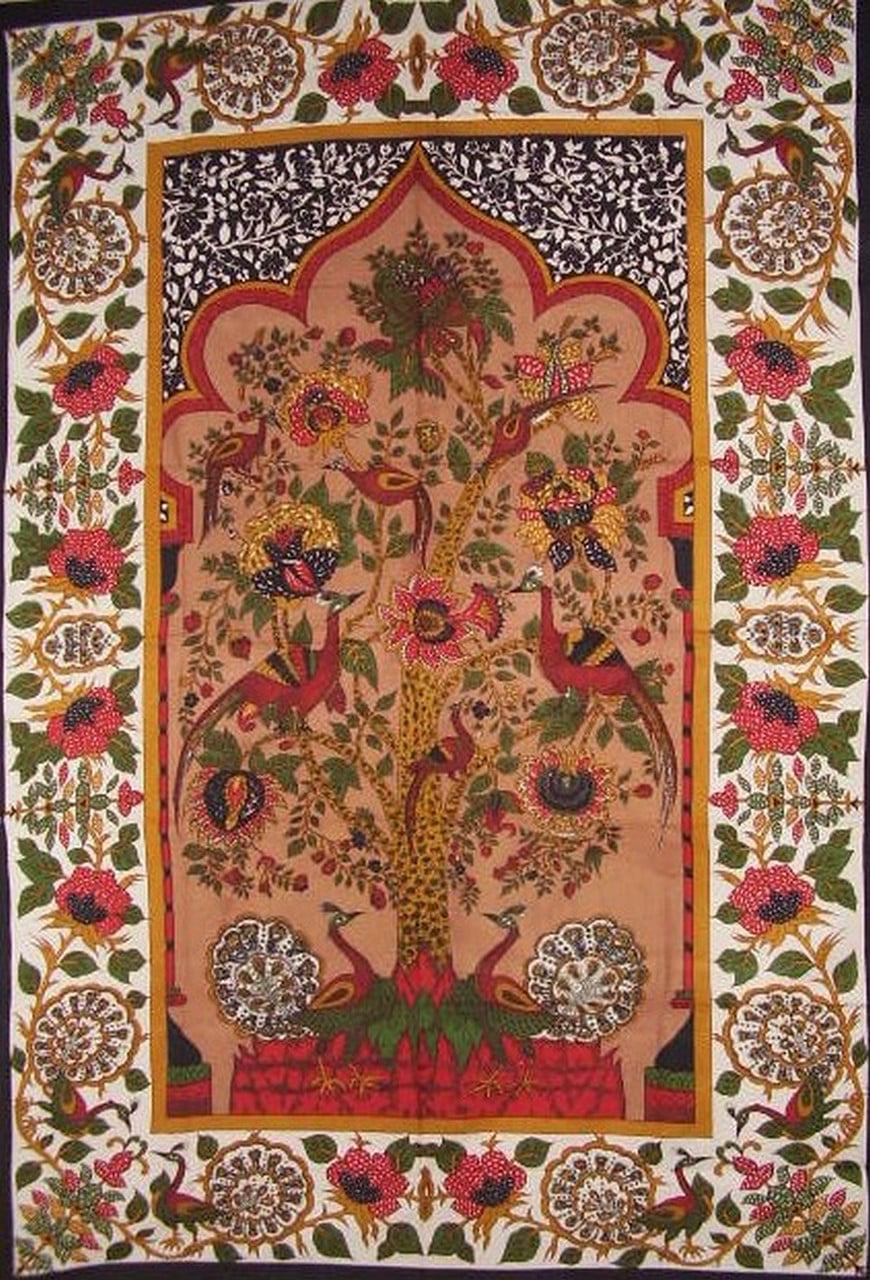 New Queen Size 80x96 Red Yellow Tree of Life Peacocks Tapestry Wall Hanging Gift 
