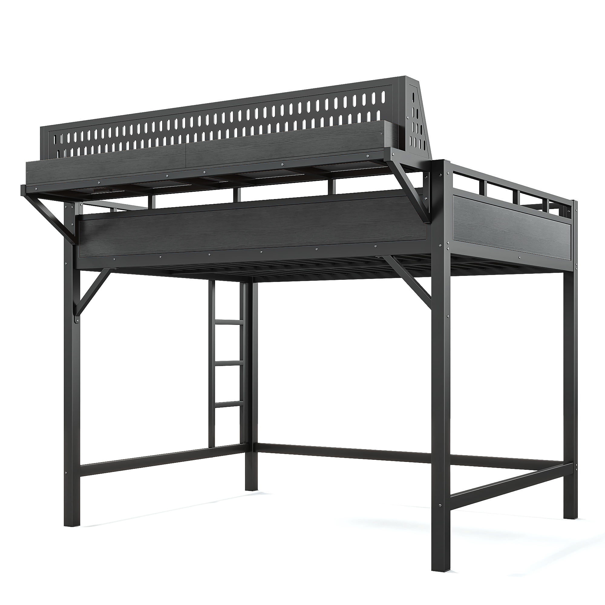 Leumius Queen Size Loft Bed with Storage Shelves and Pegboard,Metal Loft Bed Frame with USB Ports and LED Lights,Black